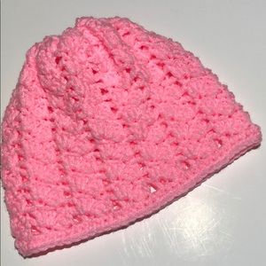 Pink winter beanie hat hand crochet adult or teen